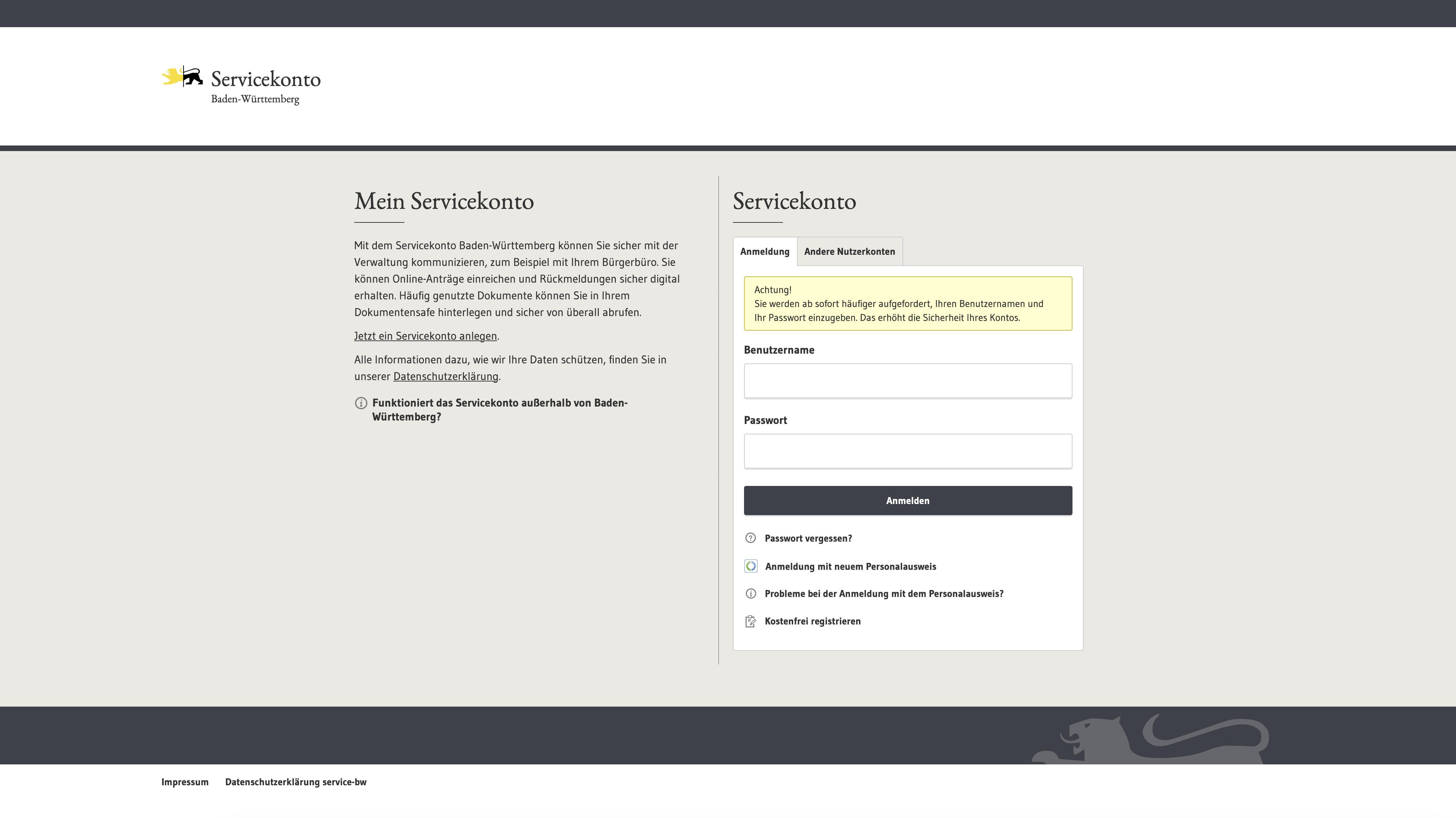 Servicekonto Screenshot